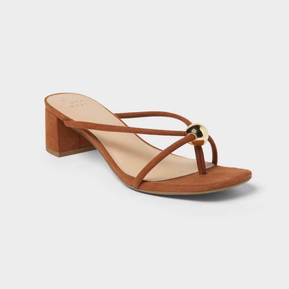 Women’s Pia Ornamented Thong Slide Heels - A New Day Cognac 9